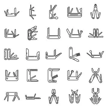 Multitool icons set outline vector. Multifunctional knife Ilustración de archivo