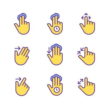 Multitouch gestures pixel perfect yellow RGB color icons set Stock Illustration