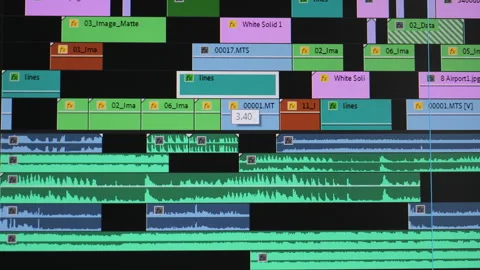 Multitrack timeline with audio and video layers in editing software Stock Footage 309098631