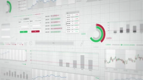 A multitude of animated financial charts displaying the flow of trading data Stock Footage 334082828