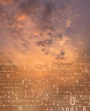 Multitude of binary computer numbers against dramatic sky background Stock Photos