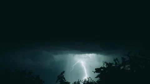 A multitude of lightning bolts of different shapes streak across dark night sky 스톡 동영상 284061958