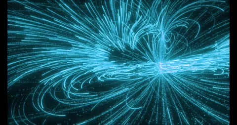 A multitude of luminous particles move rapidly along swirling trajectories Stockbeeldmateriaal 333363178