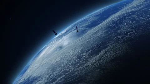 A multitude of satellites in space orbiting the earth in a chaotic pattern Stock Footage 196089884