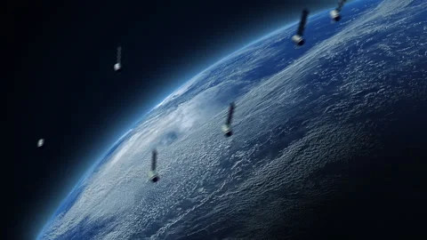 A multitude of satellites in space orbiting the earth in a chaotic pattern Stock-Footage 196089954