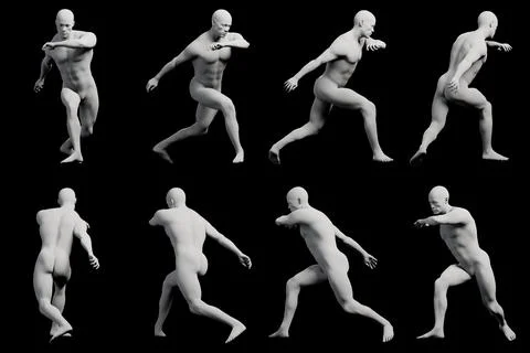 Multiview running pose reference figure black studio Stock Illustration