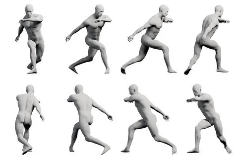 Multiview running pose reference figure white studio Stock Illustration