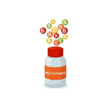 Multivitamin bottle with lid, flat vector illustration isolated on white Stock Illustration