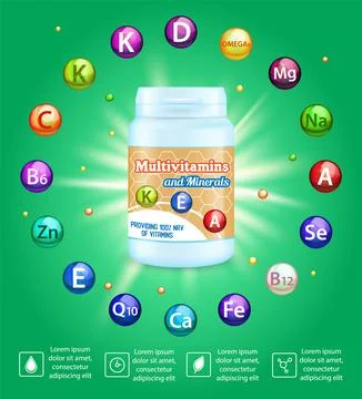 Multivitamin complex advertising vector poster template. Vitamin and mineral Stock Illustration