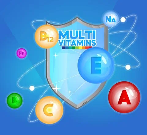 Multivitamin shield concept. Protect the body with vitamin and minerals. Stay Ilustración de archivo