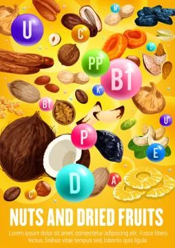 Multivitamins complex in nuts and dried fruits Stock Illustration