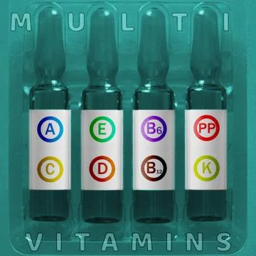 Multivitamins using concept. Four ampules with overlay colored letters 스톡 사진