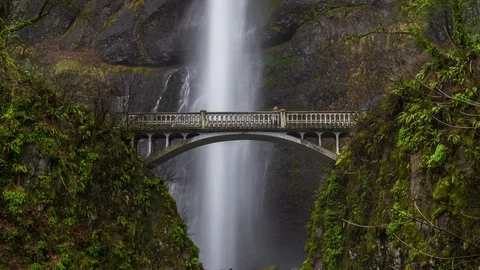 Multnomah Falls Bridge with Tourists Looking at Falls Stock Footage 100460662