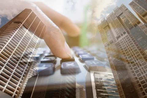 Multple exposures of using calculator to calculating property Stock Photos