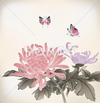 Mum and butterfly chinese style painting Stock Illustration