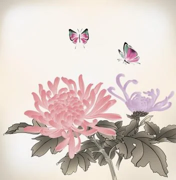 Mum and butterfly  chinese style painting Stock Illustration