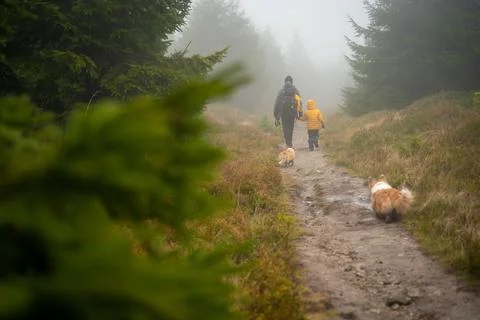 Mum and her little son go on a mountain trail in wet autumn weather. They a.. Foto stock