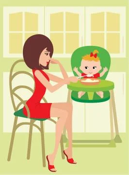 Mum feeds the child Stock Illustration