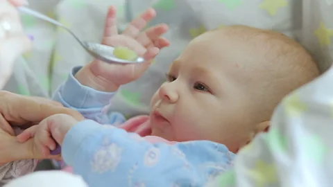 Mum feeds with a spoon her cute newborn baby puree of zucchini closeup Stock Footage 148364449