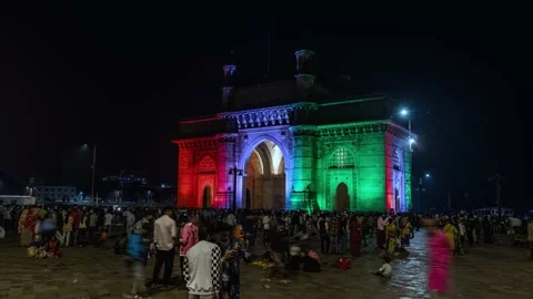 Mumbai Gateway of India timelapse hyper lapse night 4k panoramic, Maharashtra Video stock 233023429