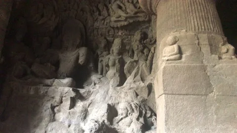 Mumbai, India - walls with figures inside caves Stock Footage 132829509