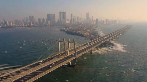 Mumbai, India, Worli sea link bridge, 4k aerial drone city skyline view Stock Footage