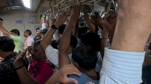 Mumbai Local Train Rush Hour Crowd Inside Railway Coach 4K Video Stock Footage 346701638