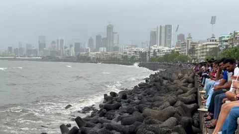 Mumbai Marine Drive Seafront Crowd Enjoying High Tide Waves 4K Stock Footage 339317552