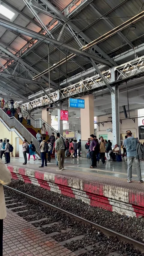 Mumbai Railway Platform With Local Train Passengers Vertical 4K Video Stock Footage 346197532
