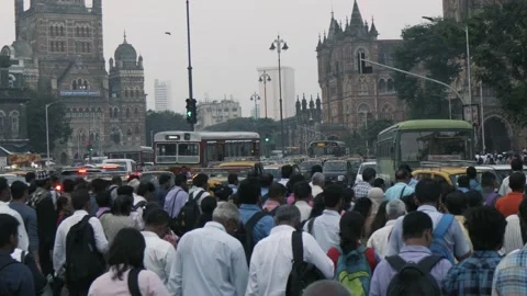 Mumbai Street Crowd - people crossing busy street - goldy Stock Footage