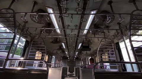 Mumbai,India-2024/10/24: Interior of an empty compartment of  Mumbai local train Stock Footage 289205689