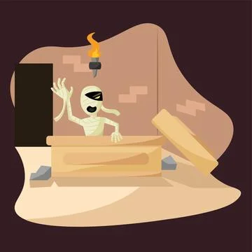 Mummy emerging from sarcophagus. Vector Stock Illustration