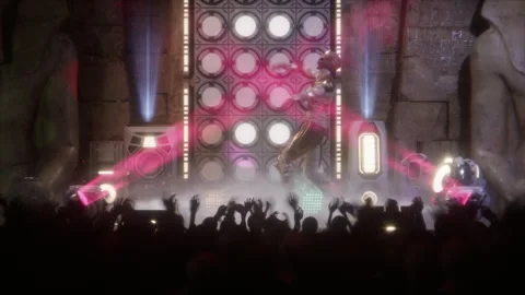 Mummy queen performs rock in a vibrant sci-fi temple Stock Footage 294268894