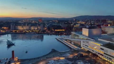 Munch Museum skybar rooftop view Oslo Opera House Norway Norge aerial drone 動画素材 312230958