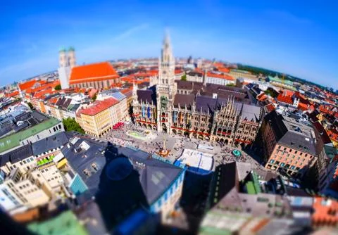Munchen / Munich panorama from the clock tower. Old city town hall an main sq Stock Photos