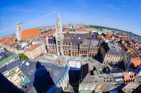 Munchen / Munich panorama from the clock tower. Old city town hall an main sq Stock Photos