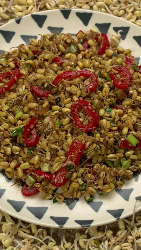 Mung bean sprouts stir-fried with red pepper and scallions. Vertical video. Stock Footage 295375200