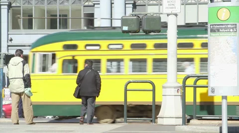 Muni passes through Embarcadero Stock Footage 36923542