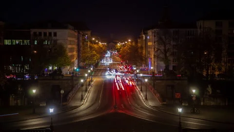 Munich Aerial Night Timelapse: Light Trails Traffic &amp; Cityscape Stock Footage 240348352