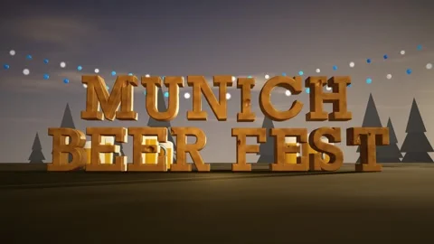 Munich Beer Fest Dark Oak 3D Letters with Beer Steins and Bavarian Blue and Stock Footage 343816006
