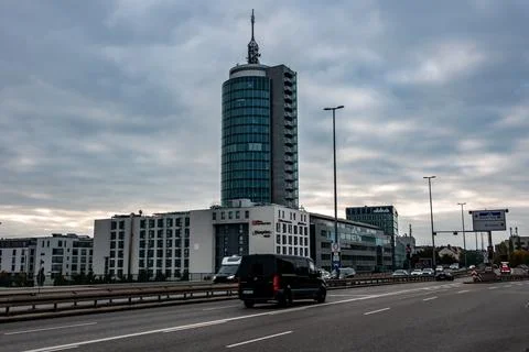 Munich Boulevard With Modern High Rise Tower Stock Photos