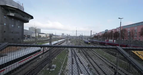 Munich Central Station View from Hackerbrücke Trains in Motion Slow Motion 4K Stock-Footage 319278373