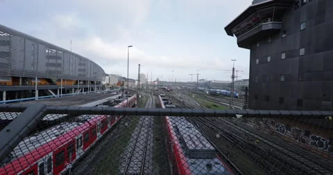 Munich Central Station View from Hackerbrücke Trains in Motion Slow Motion 4K Stock Footage 319287718