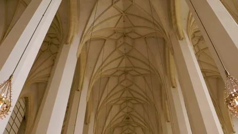 Munich Frauenkirche Interior Vaulted Ceiling And Chandelier Detail Stock Footage 336930183
