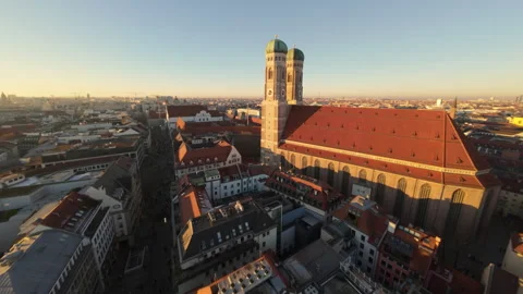 Munich, Germany - 12 29 2024: Aerial Sunset Perspective of Iconic Frauenkirche. Stock Footage 298041198