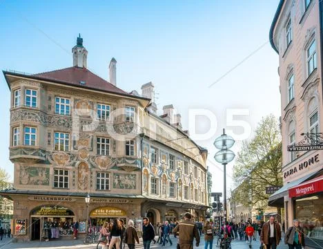 MUNICH, GERMANY-April 29 : Street view of Tourists on foot Street in Downtown Stock Photos