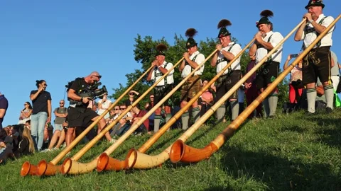 Munich, Germany - Aug 10, 2022: Alphorn player at the European Championships Stock-Footage 206331264