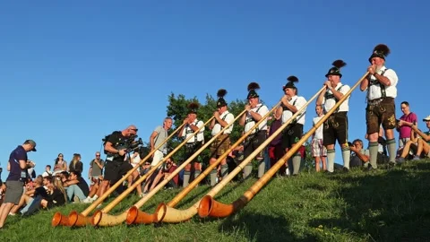 Munich, Germany - Aug 10, 2022: Alphorn player at the European Championships Stock Footage 211698125