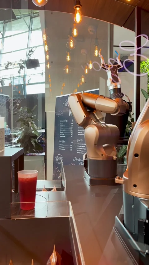 Munich, Germany, August 06, 2025: Innovative Robotic Arm Prepares Drinks Stock Footage 314394369