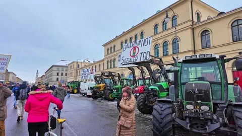 Munich, Germany - Jan 08, 2024: A big demo of farmers in the city of Munich Video stock 260752145